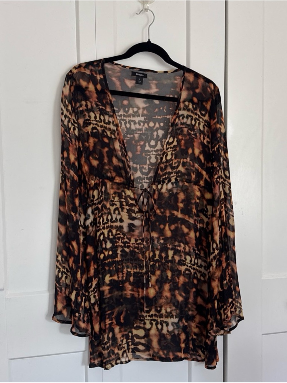 Nasty Gal Black and Brown Sheer Animal-Print Tie-Front Tunic Top